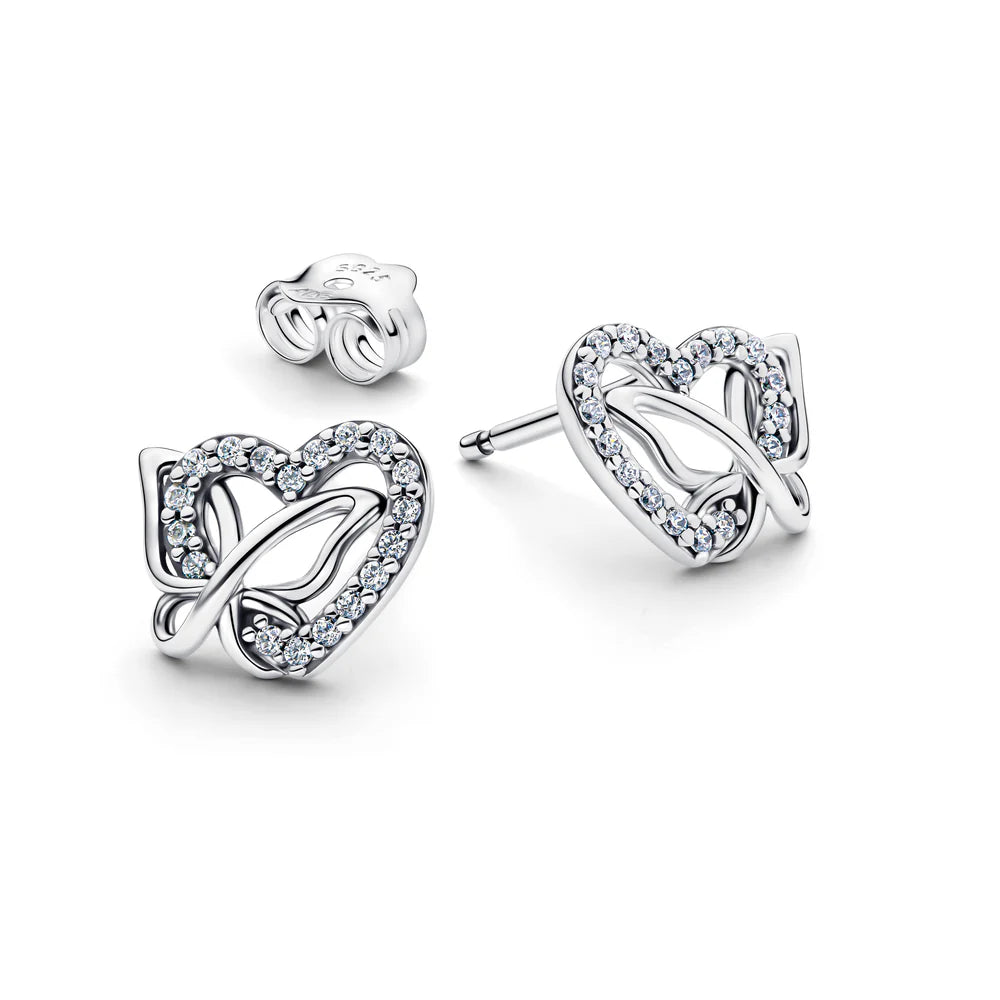 Pandora Orecchini a lobo in argento sterling a forma di cuore e farfalla con zirconi cubici trasparenti 294476C01