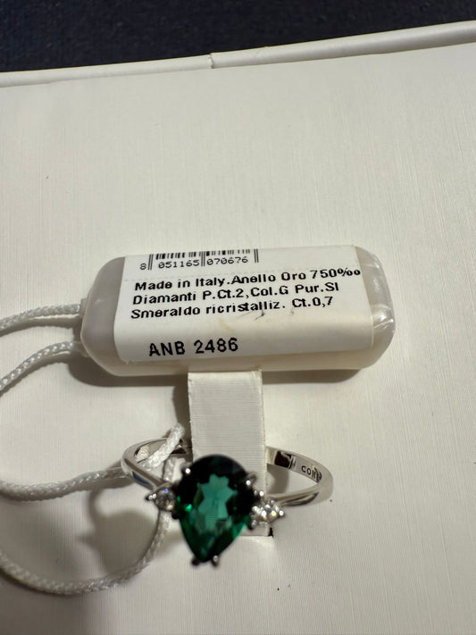 Anello Comete in Oro Bianco 18k con Smeraldo a Goccia e Diamanti