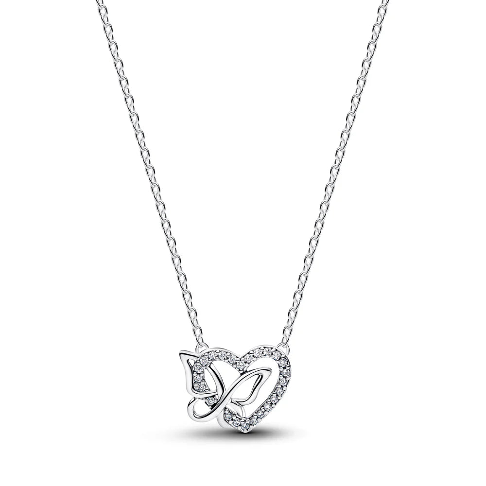 Pandora Collana a forma di cuore e farfalla in argento sterling con zirconi cubici trasparenti 394477C01-45
