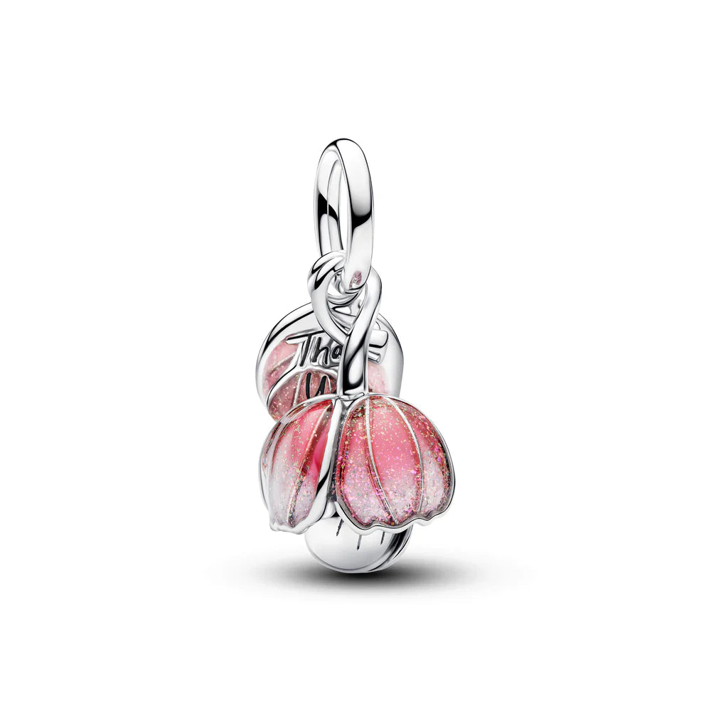 Pandora Fiore apribile pendente in argento sterling e placcato oro 14 carati con cristallo verde reale e resina UV rosa sfumata glitterata  764453C01