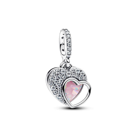 Pandora Doppio pendente a forma di cuore in argento sterling con zirconi cubici trasparenti, opale rosa sintetico a mosaico e resina  794456C01