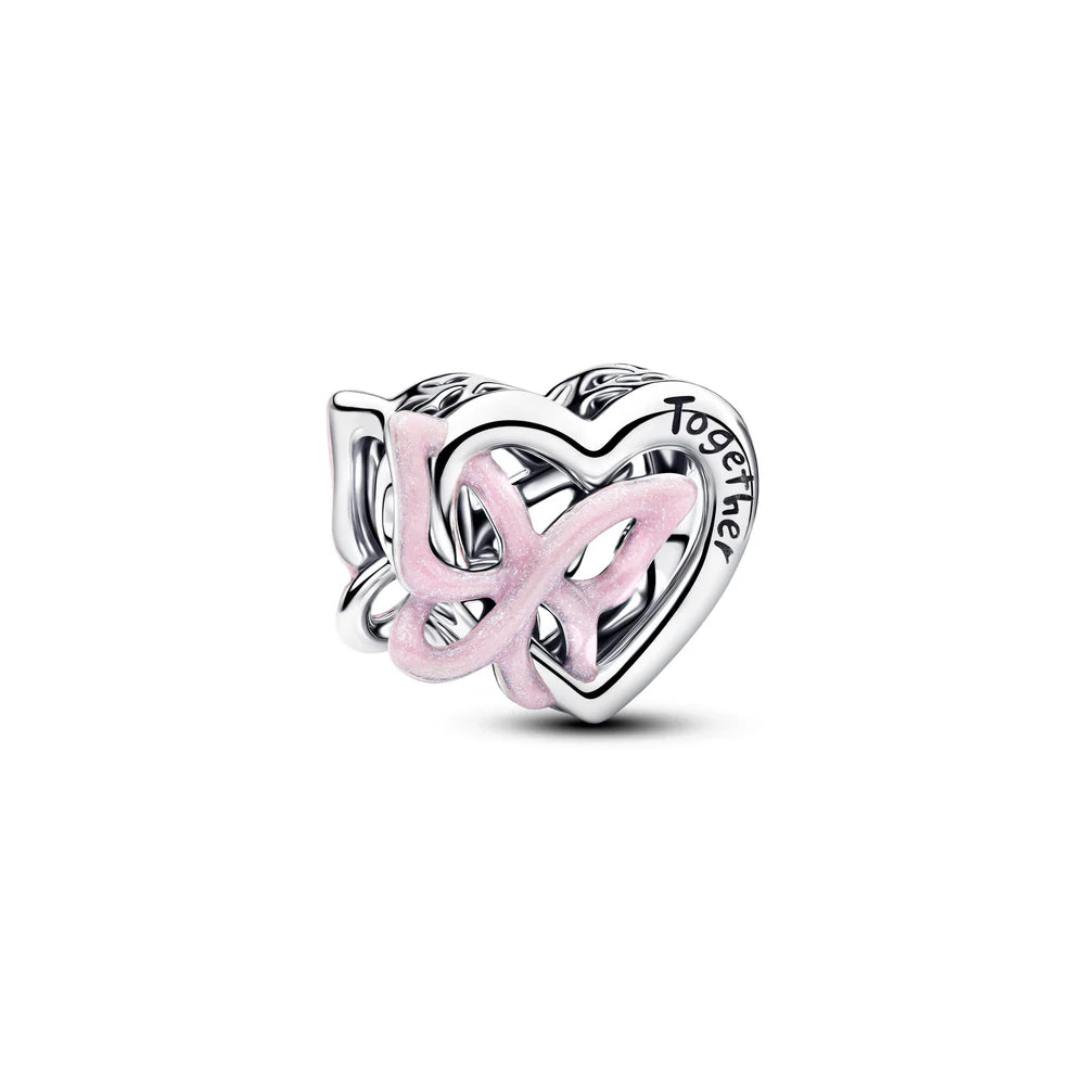Pandora Ciondolo a forma di cuore e farfalla in argento sterling con smalto rosa glitterato 794475C01