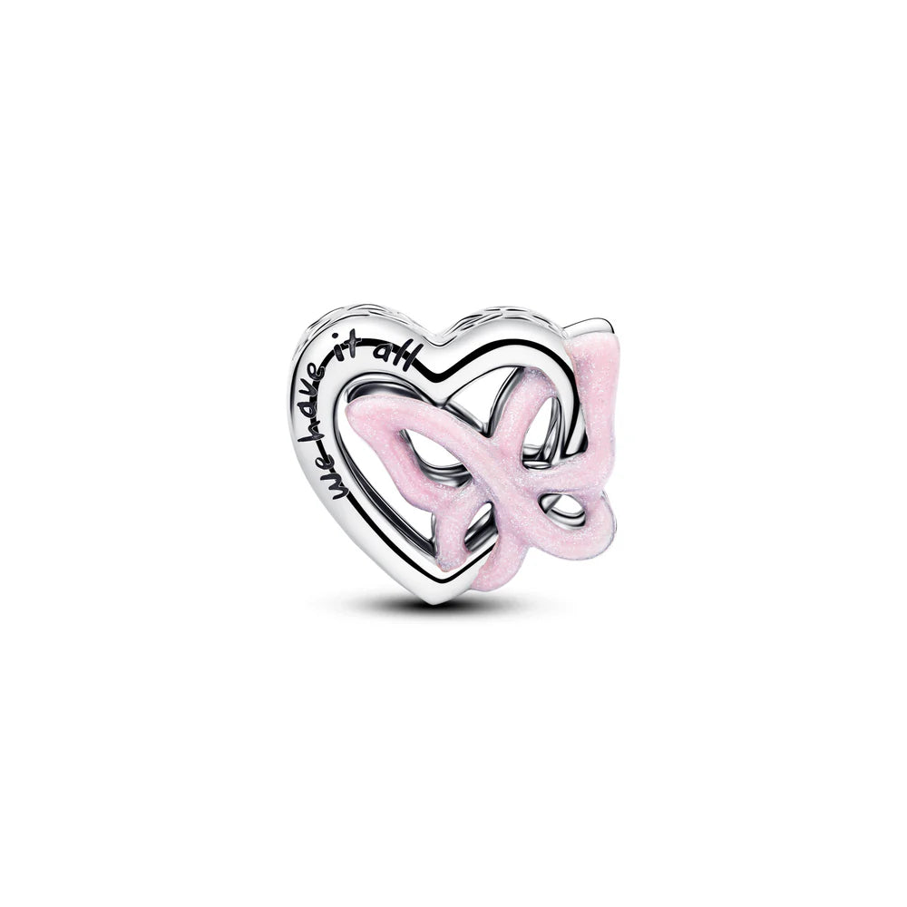 Pandora Ciondolo a forma di cuore e farfalla in argento sterling con smalto rosa glitterato 794475C01