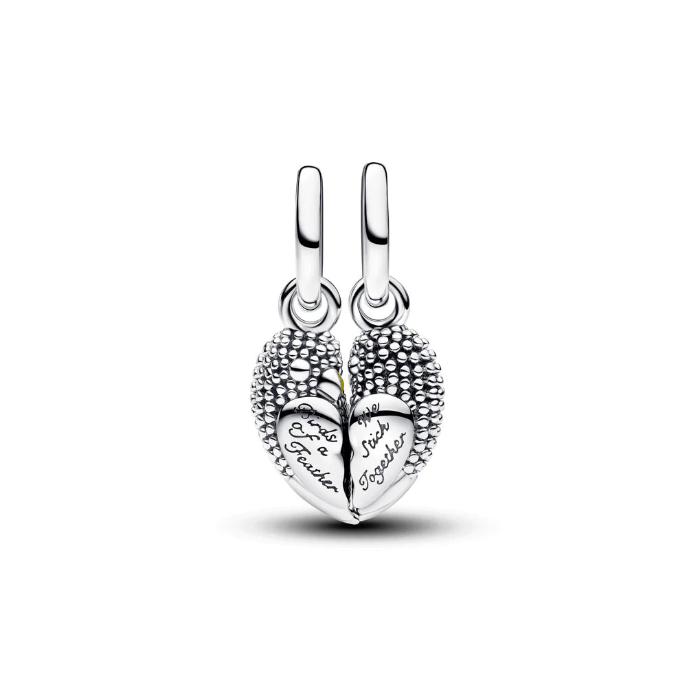 Pandora Ciondolo magnetico a forma di uccellini innamorati in argento sterling, divisibile, con cristallo verde reale, smalto giallo e rosa sfumato  794484C01