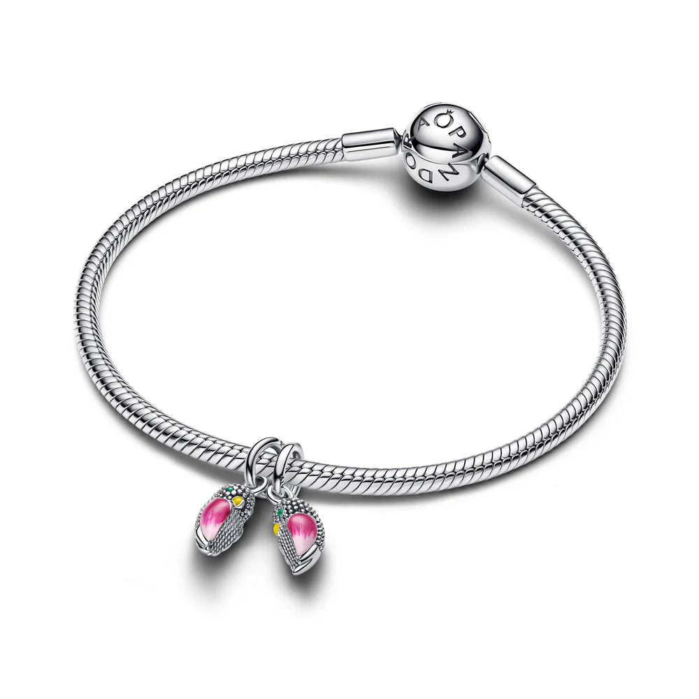Pandora Ciondolo magnetico a forma di uccellini innamorati in argento sterling, divisibile, con cristallo verde reale, smalto giallo e rosa sfumato  794484C01